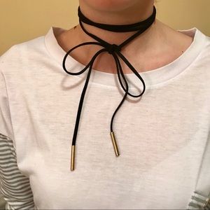 Black Faux Leather and Gold Tie Choker Necklace